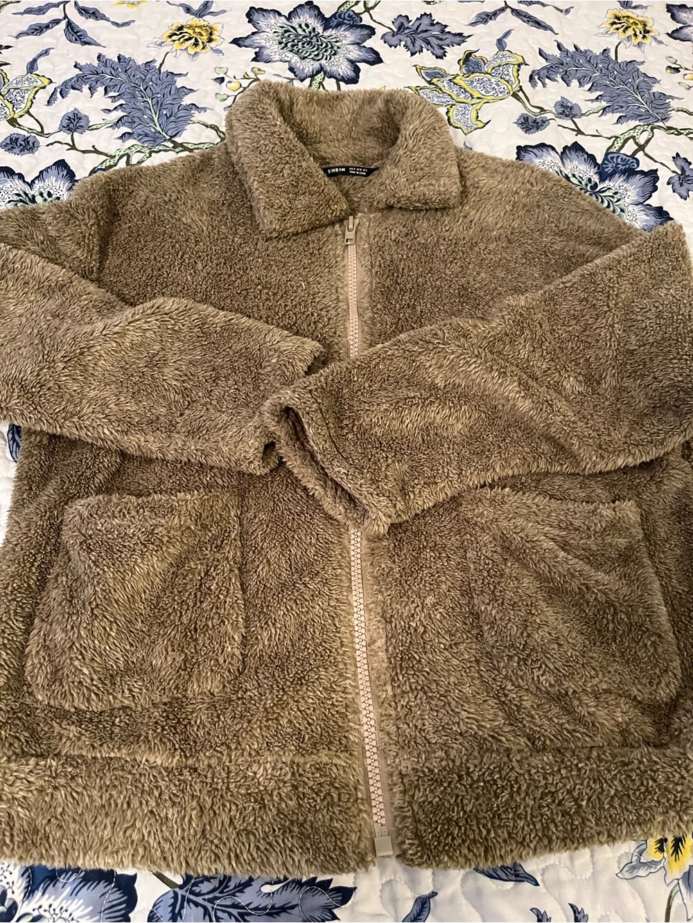SHEIN Plush Teddy Jacket in Taupe